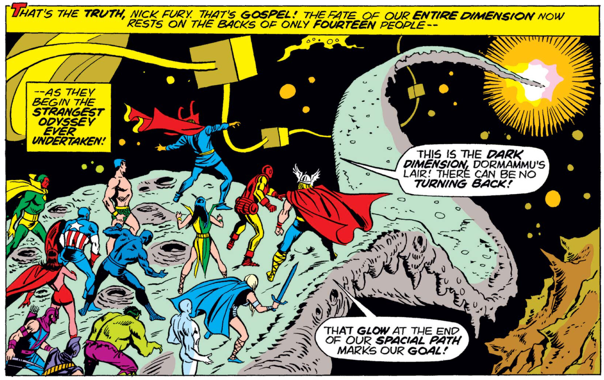 Scene from Avengers #118 as The Avenges and Defenders enter the Dark dimension.